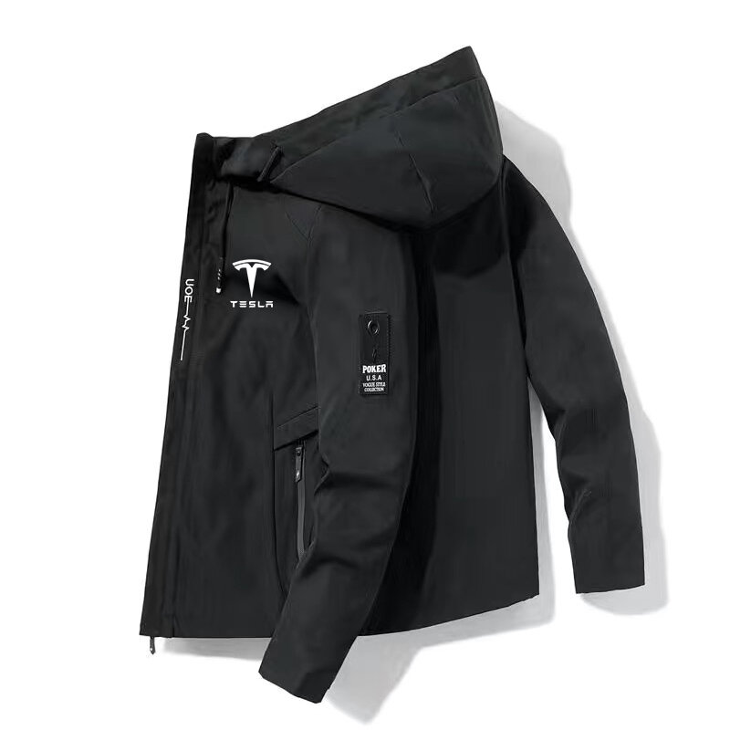 Tesla-chaqueta bomber con capucha para hombre, cortavientos informal con cremallera y diseño de coche eléctrico, novedad de primavera y otoño, 2023