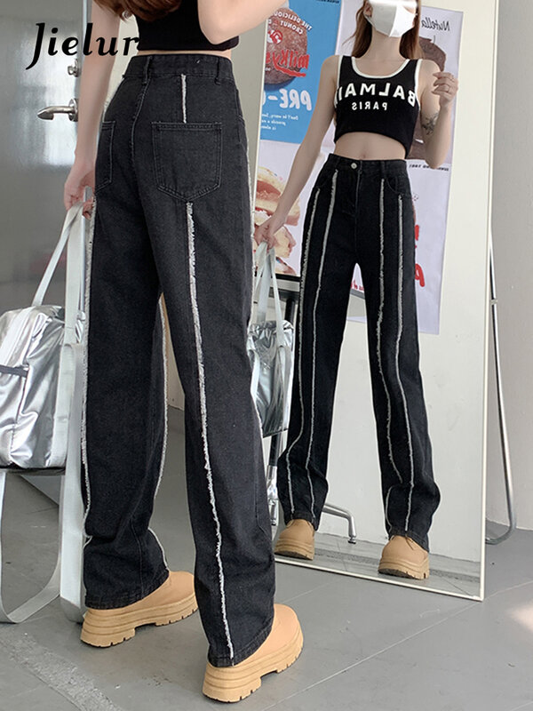Jielur jeans preto em linha reta cintura alta rebarbas tarja retalhos jeans mulher coreano high street retro lavado calças compridas S-XL