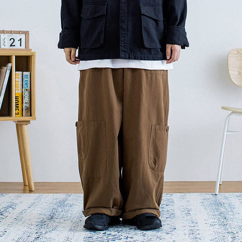 Tuta da uomo Street Hip-hop tinta unita Y2K stile giapponese Multi-tasca alla moda Casual allentata dritta a gamba larga