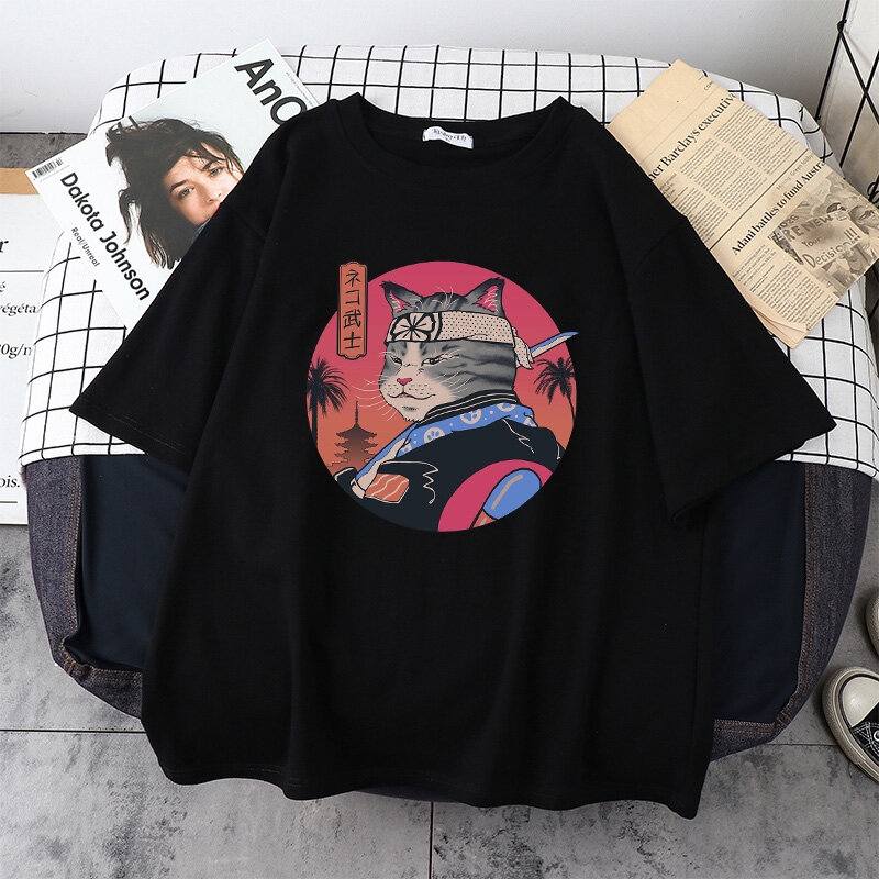 여성 티셔츠 여름 느슨한 패션 여성 블라우스 2022 티셔츠 캐주얼 반팔 고양이 일본 애니메이션 프린트 의류 탑스 y2k