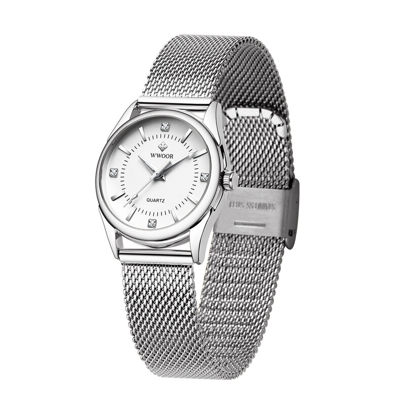 WWOOR marka zegarki luksusowe panie srebrny wykwintne proste Rhinestone Casual kobiety wodoodporny pasek z siatki kwarcowy zegar Montre Femme