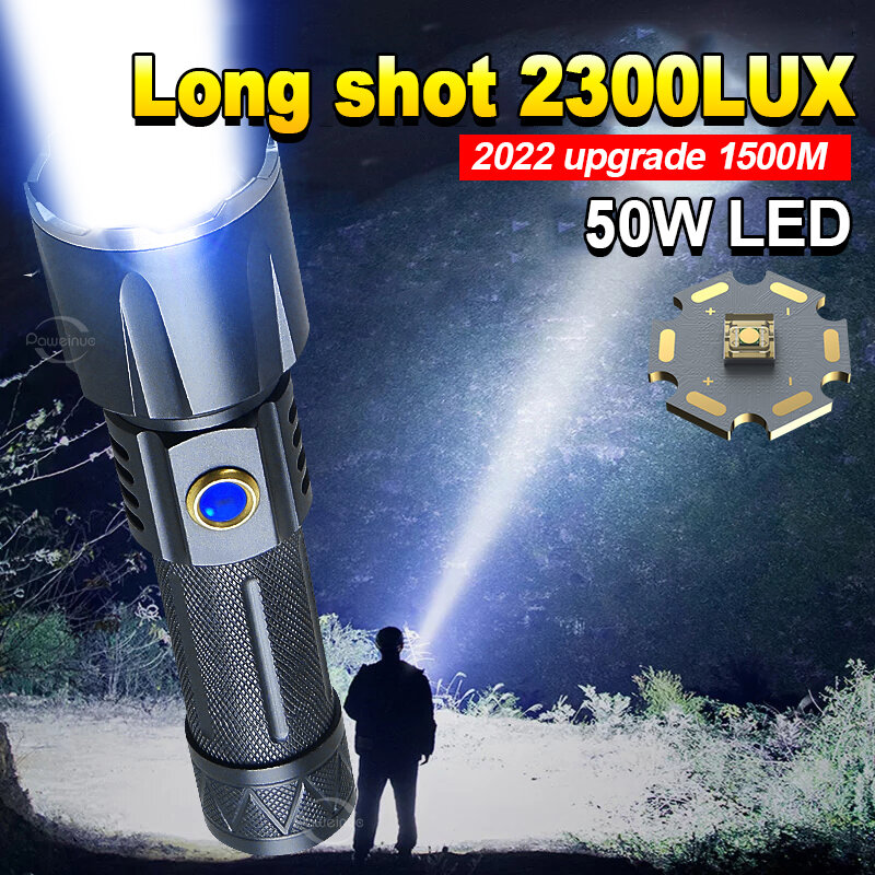 Linterna LED de , linterna recargable por USB, linterna LED de alta potencia de 1500M, linterna táctica con Zoom, linterna de tiro largo