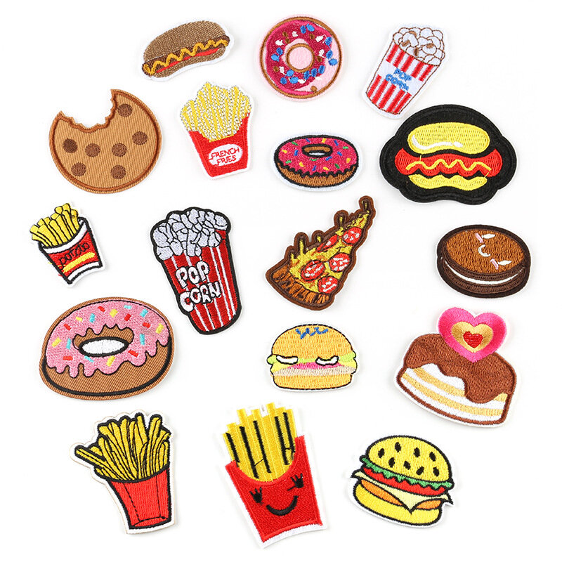 17Pcs Burger fries pizza food Shop Series Iron on Embroidered Patches For on clothes Hat Jeans Sticker Sew Patch Applique Badge