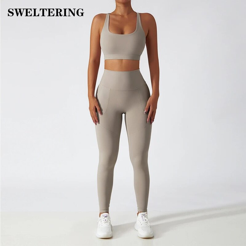 2 pçs conjunto de yoga treino sem costura treino feminino roupas de ginástica com cordão de cintura alta leggings de fitness esportes ternos