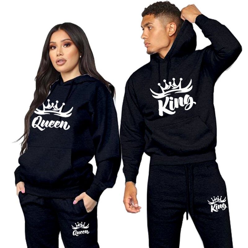 Casal hoodies sportwear conjunto masculino rei rainha impresso amante agasalho hoodie e calças 2 peça ternos hoodi 2023 amante roupas