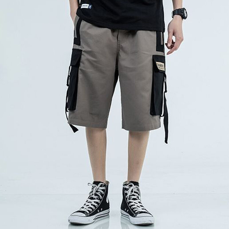Esportes macacão de emenda contraste cor bolso calças de perna larga moda masculina rua hip-hop casual calções retos de cintura alta