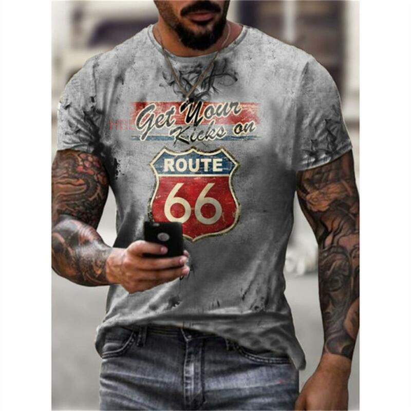 Summer Men's T Shirts Oversized Loose Clothes Vintage Short Sleeve Fashion America Route 66 Letters Printed O Collared T shirts