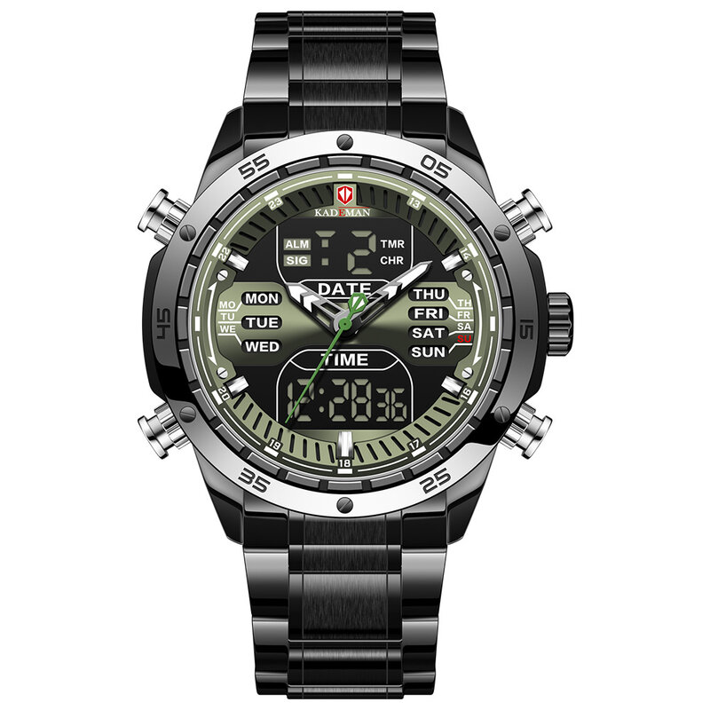 Sport Horloges Voor Mannen Led Dual Display Multifunctionele Chronograaf Stopwatch Waterdichte Stalen Band Quartz Horloge Klok K9109