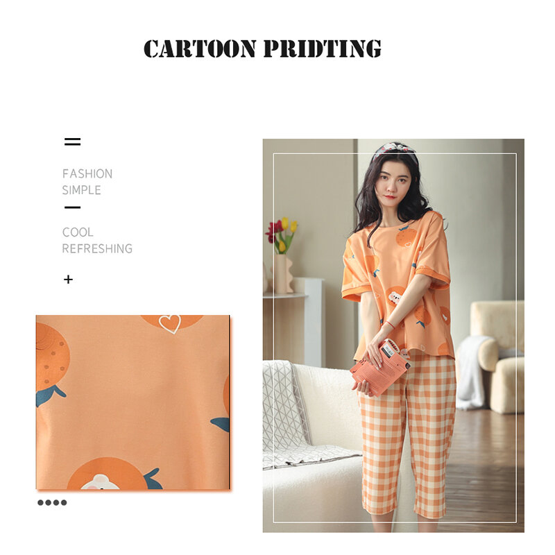 MiiOW-ropa de dormir naranja con dibujos animados de frutas, pijama de algodón de manga corta, pantalones cortos, traje de casa para mujer
