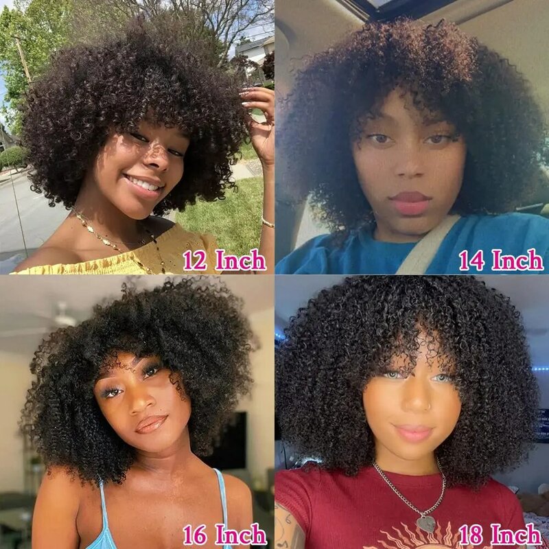 Glueless Afro Curly Wig With Bangs Full Machine Made Wig For Black Women Kinky Curly Brazilian Human Hair Wigs With Bangs