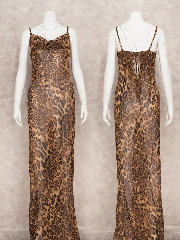Vestido de Verão com Alcinha para Mulheres, Roupa de Praia, Imitação de Pele de Leopardo, Sensual, A1224, 2022
