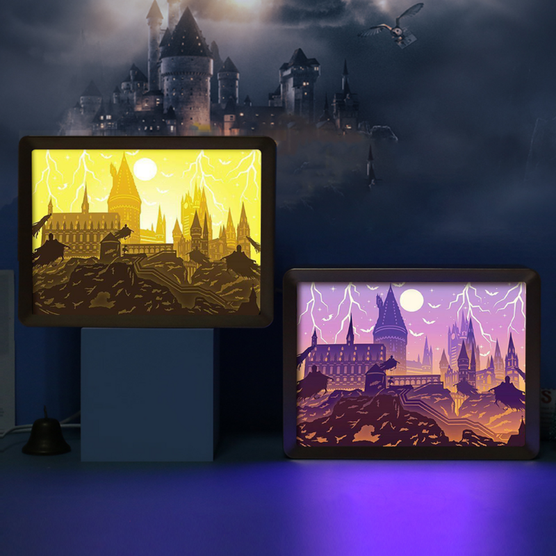 Boîte d'ombre 3D, cadre photo du château de poudlard, lampe en papier sculptée à 7 couches, lumière Led Usb chaude pour la décoration de la chambre à coucher