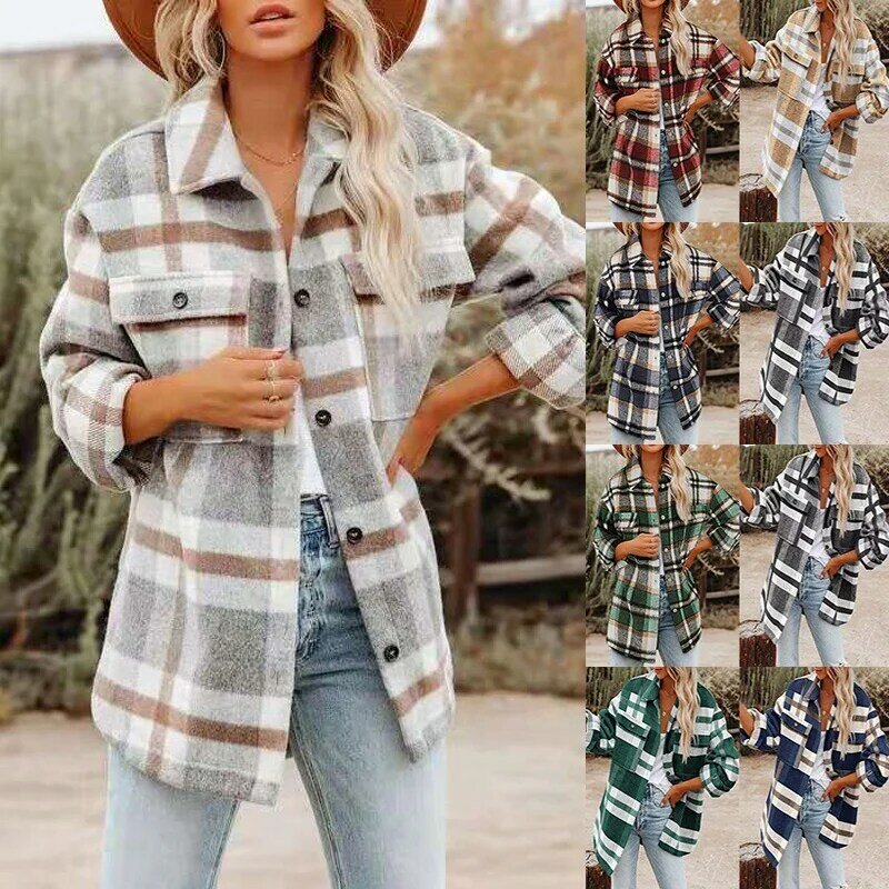 Chaqueta Mujer – chemise à carreaux pour femme, manteau ample, Long, couleur unie, polyvalent, boutons, collection automne et hiver