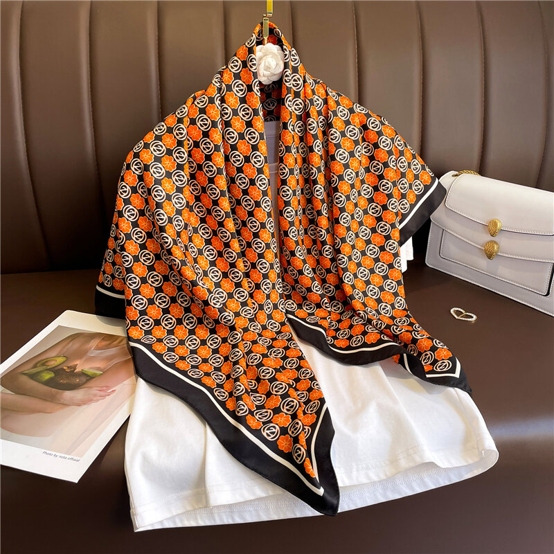 90*90cm Twill Silk Hijab Square Scarf for Women Design Print Headband Neckerchief Hair Tie Band Lady Wrap Foulard Muslim Shawl