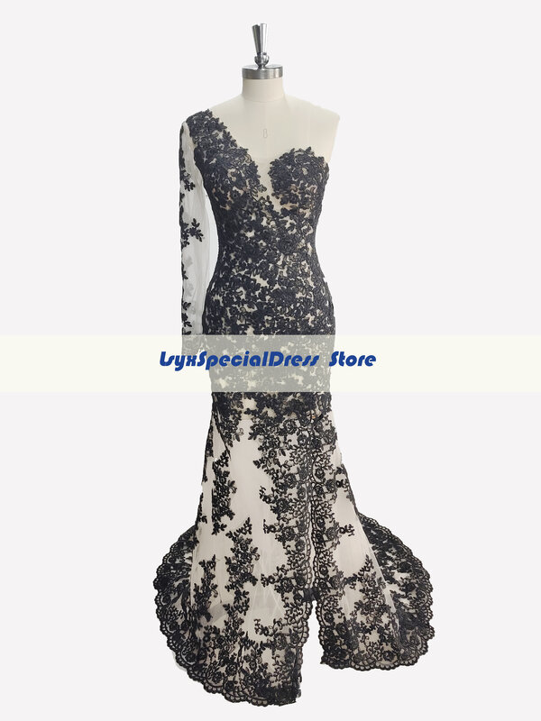 One Shoulder Black Mermaid Prom Dresses 2022 Side Split Long Sleeve Lace Appliques Formal Evening Party Gown Sweep Train
