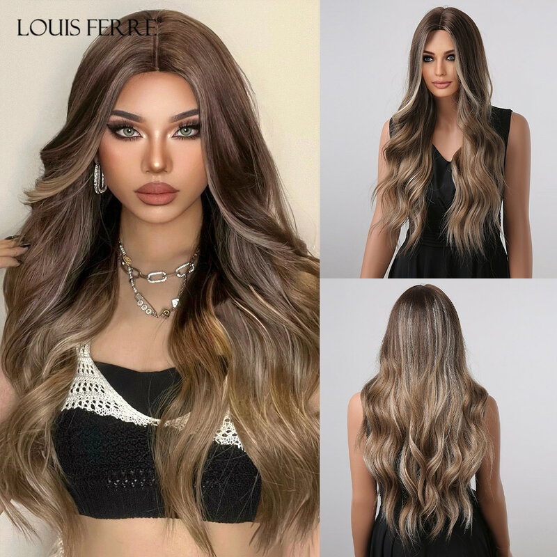 LOUIS FERRE Long Ombre Brown Highlights Wavy Synthetic Wigs Light Brown Curly Blonde Balayage Wig Cosplay Daily High Temperature