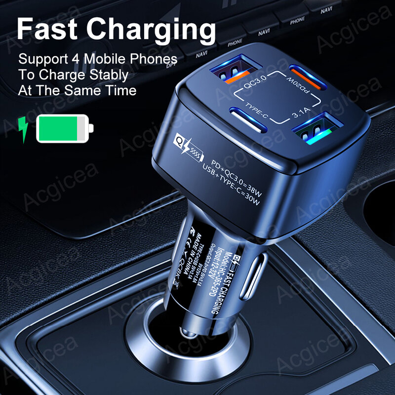 38W Car Charger 2 USB 2 PD Fast ชาร์จ QC3.0สำหรับ Iphone 12 Pro Xiaomi 12 Samsung Universal Adapter ในรถแบบพกพา USB Charger