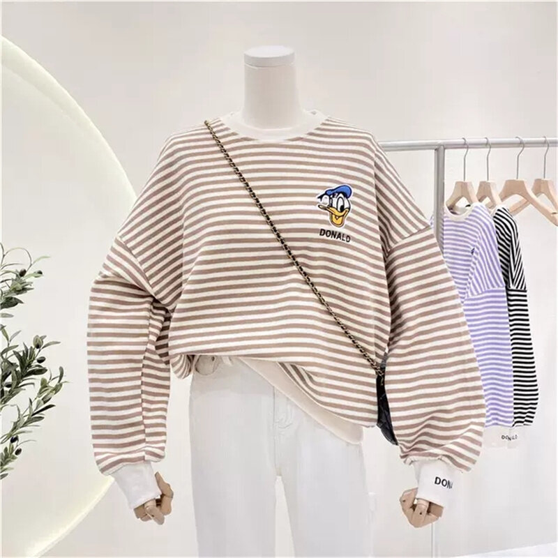 Disney Semua Pertandingan Chic Bordir Donald Bebek Kaus Bergaris Wanita Pria Musim Gugur Longgar Streetwear Fashion Korea Pullover Wanita