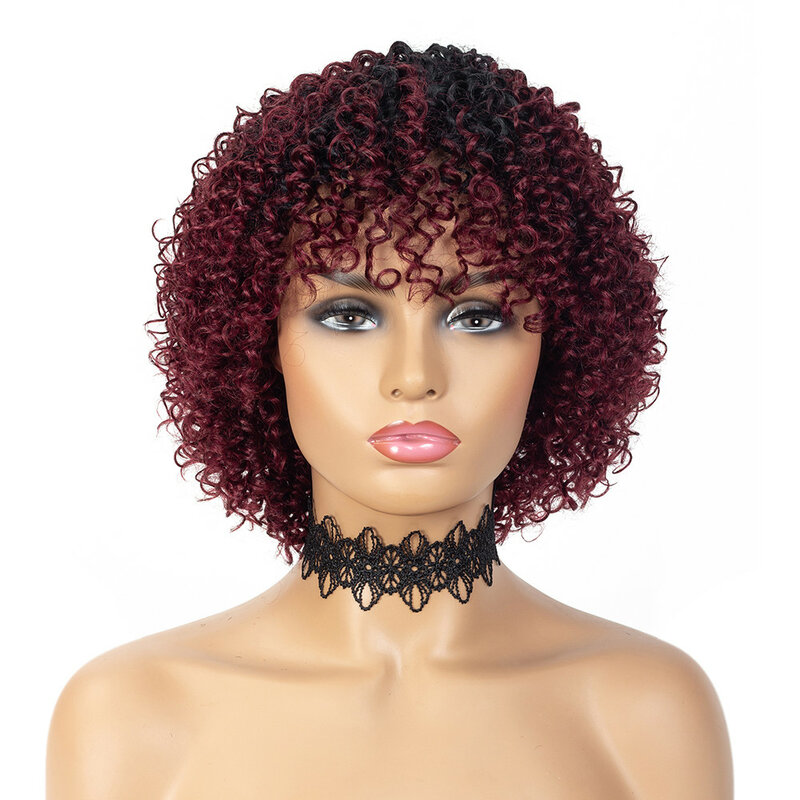 Peluca de cabello humano brasileño rizado con flequillo para mujer, Pelo Corto sin pegamento, hecho a máquina