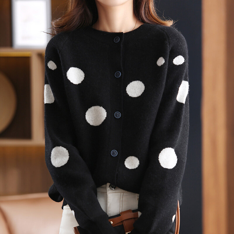 100% Pure Australian Wool Knitted Women's Cardigan Jacket 2022 Autumn And Winter New Fashion Round Neck Loose Top Sweater