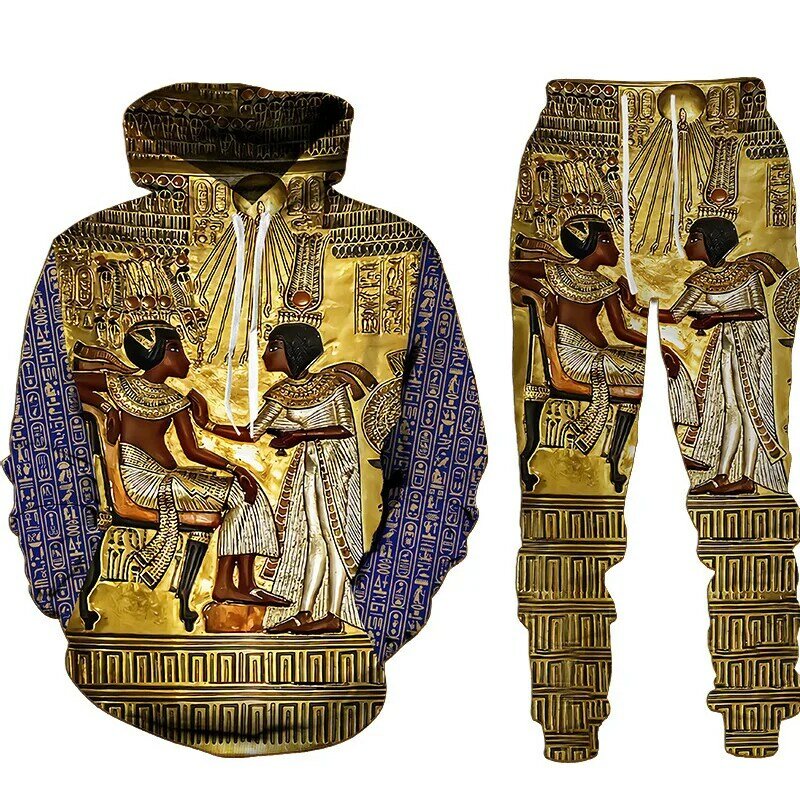 بدلة رياضية ثلاثية الأبعاد ربيعية قديمة حورس مصري عين الله مصر فرعون أنوبيس وجه رجالي هوديي + بنطلون طقم ملابس للركض في الشارع