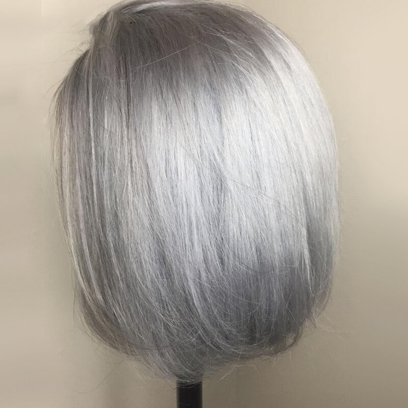 Platinum ash loira sedoso em linha reta cinza 12-16 polegada curto bob perucas sintéticas do laço da parte dianteira para preto cabelo de fibra de calor cosplay