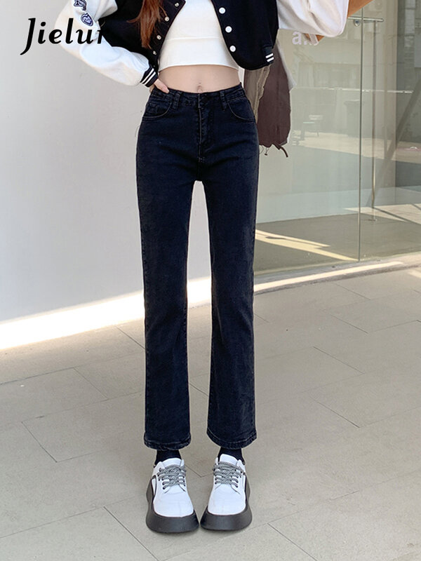 Jielur Retro Straight Women Jeans coreano autunno a vita alta pantaloni in Denim nero semplice Slim Skinny Pencil Capri Pants donna S-XL