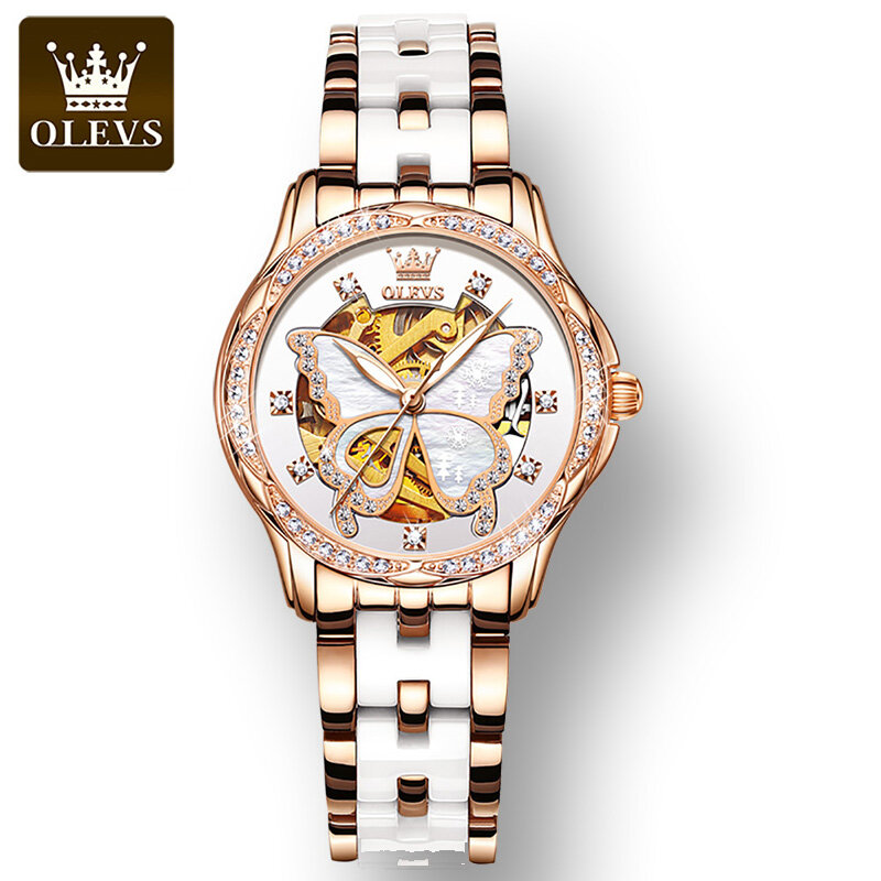 Olevs-女性用セラミック腕時計,ファッショナブルな自動腕時計,耐水性,機械式