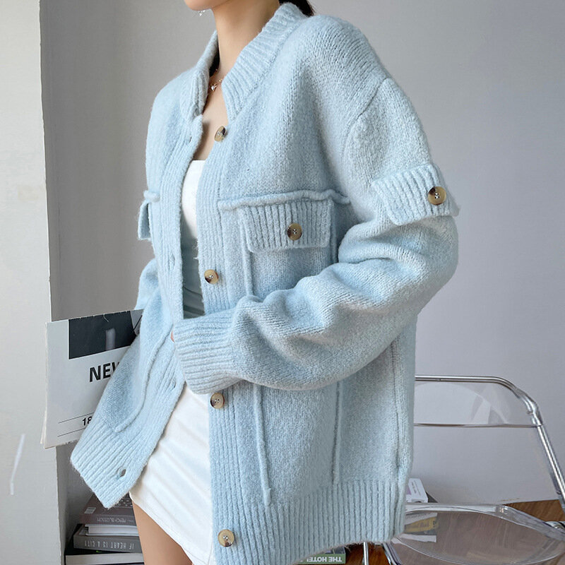 블루 스웨터 여성의 이른 가을 새로운 긴 소매 부드럽고 다목적 카디건 코트 블라우스 Traf 한국어 패션 2022 럭셔리