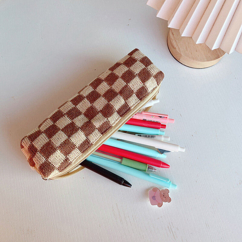 Students Fashion Checkerboard Lattice Custom Lined Pencil Bag Plaid Knitted Fabric Long Round Zipper Pouch