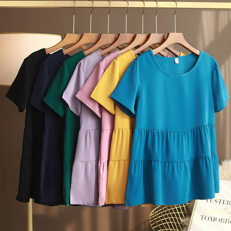 Blusa holgada informal de Chifón con manga corta para verano, camisa holgada de gran tamaño con cuello redondo, para mujer, a la moda