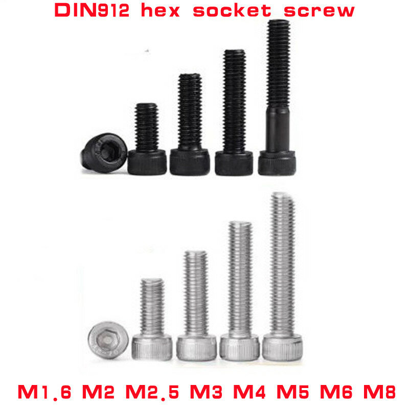 Tornillo de cabeza allen DIN912 de acero inoxidable, tornillo hexagonal negro de 5-50 piezas, m1.6, M2, M2.5, M3, m4, m5, m8, m6