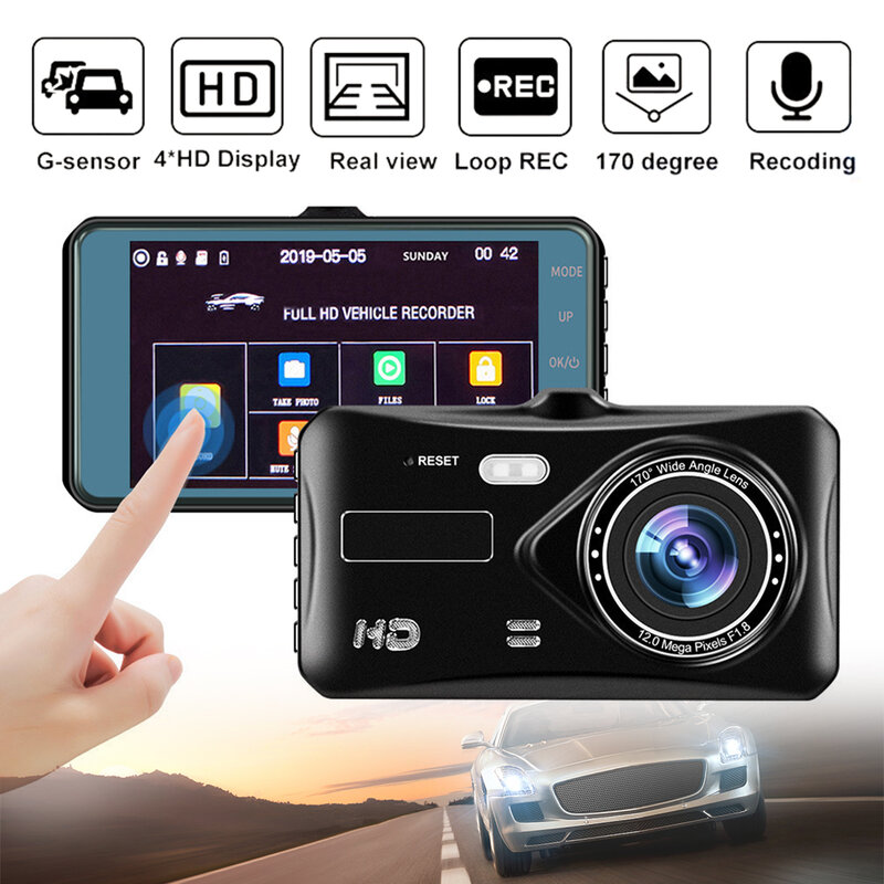 1080P Dash Cam Front and Rear with Night Vision 4-inch Touch Screen Car Camera Driving Recorder 170° Wide Angle Loop Recording
