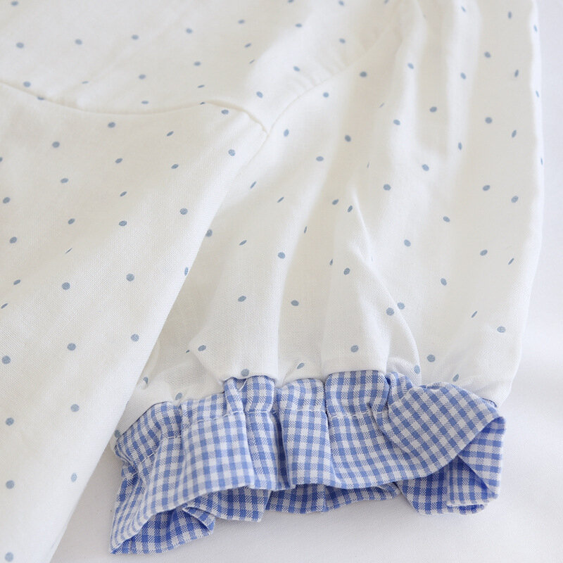 Algodão Verão Pijama Set Mulheres Polka Dots Pullover Calças de manga curta Gaze dupla cores contrastantes Primavera Fino Homewear