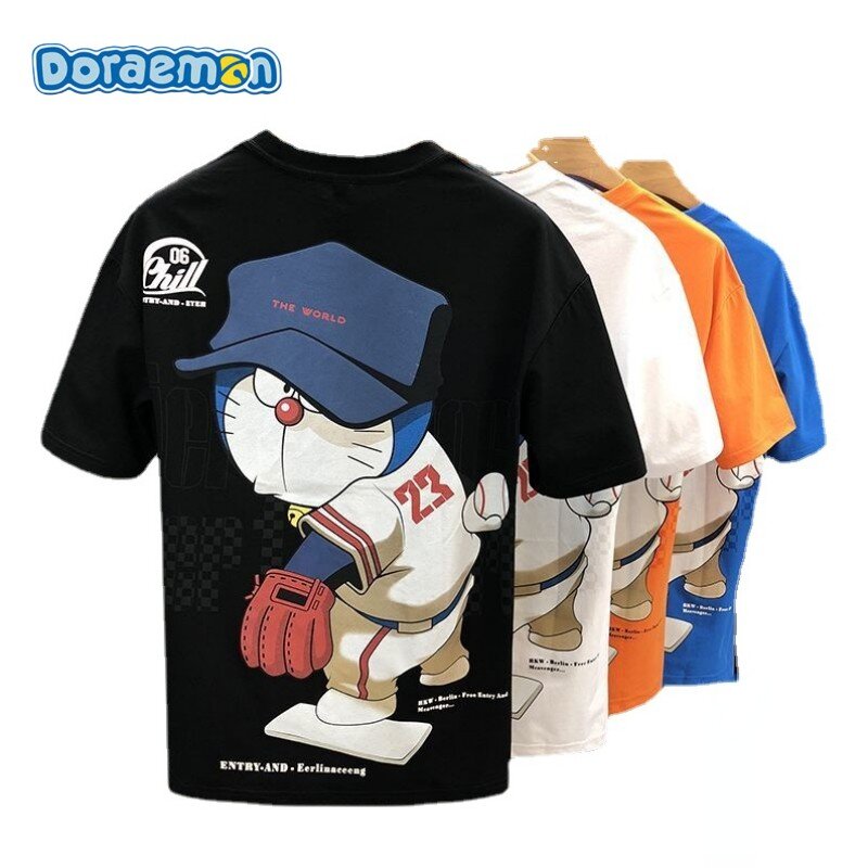 Doraemon Cute Kawaii Short Sleeve Cotton Cartoon Print Men's Round Neck T-Shirt Casual Fashion T-Shirt Couple Models Wholesale