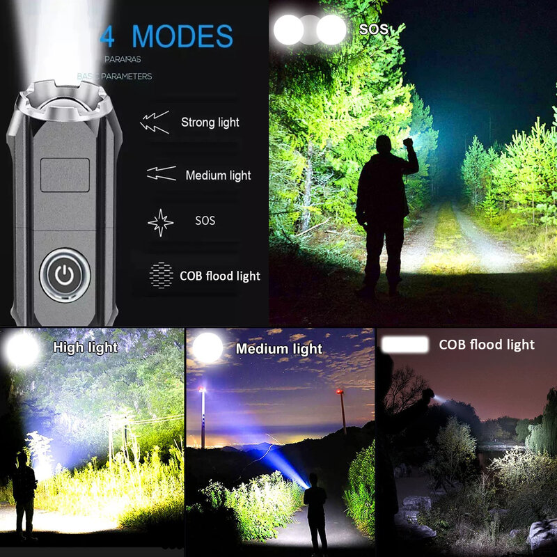 Lampe de poche Rechargeable par USB, forte lumière, Zoom, tactique, torche, éclairage extérieur Portable, lampes LED pour Camping