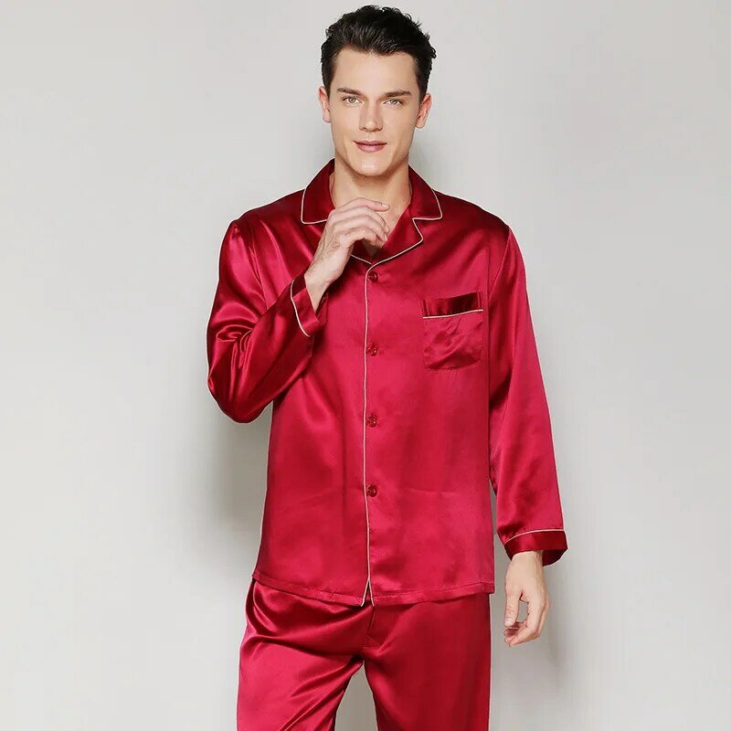 Conjunto de pijamas de seda 100% auténtica para hombre, ropa de dormir de manga larga de seda de morera, de lujo, talla grande, alta calidad, para todas las estaciones, 100%