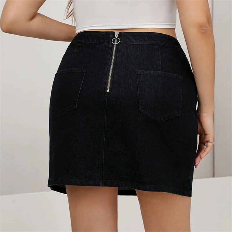 Женская джинсовая мини-юбка на молнии, Повседневная однотонная облегающая юбка черного цвета с прострочкой, большие размеры, весна-лето 2022