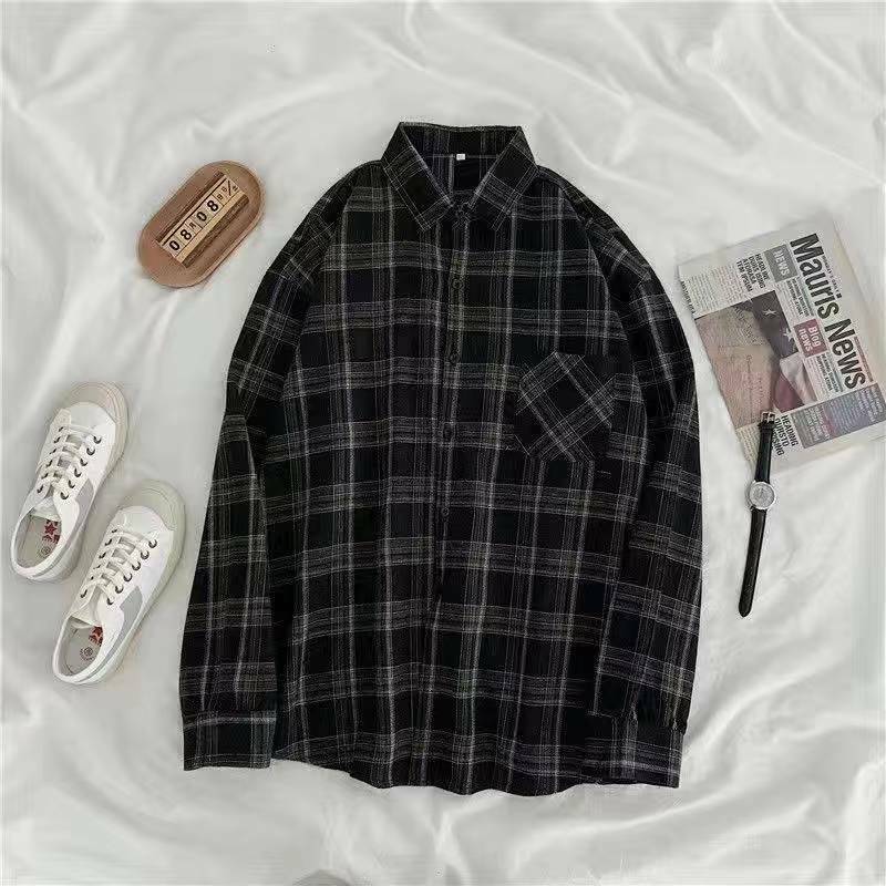 Vintage Women Plaid Shirts Loose Oversize Blouse Long Sleeve Button Up Fall Shirt Casual Pocket Female Tops Korean Outwear