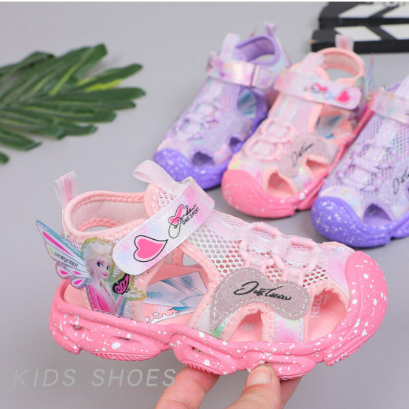 Disney Mädchen Sandalen LED Lichter Mesh Sommer Kinder Sandalen gefroren Prinzessin Elsa Strand rosa lila Schuhe Größe 22-37