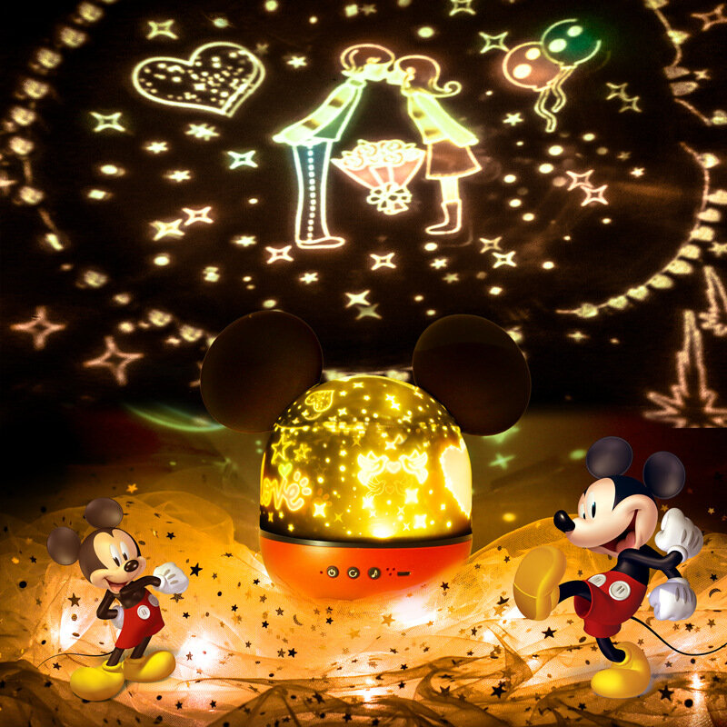 Lámpara de proyección giratoria con Control remoto para niños, caja de música de dibujos animados de Disney, Mickey Mouse, Minnie, luces nocturnas, juguetes, regalos de cumpleaños