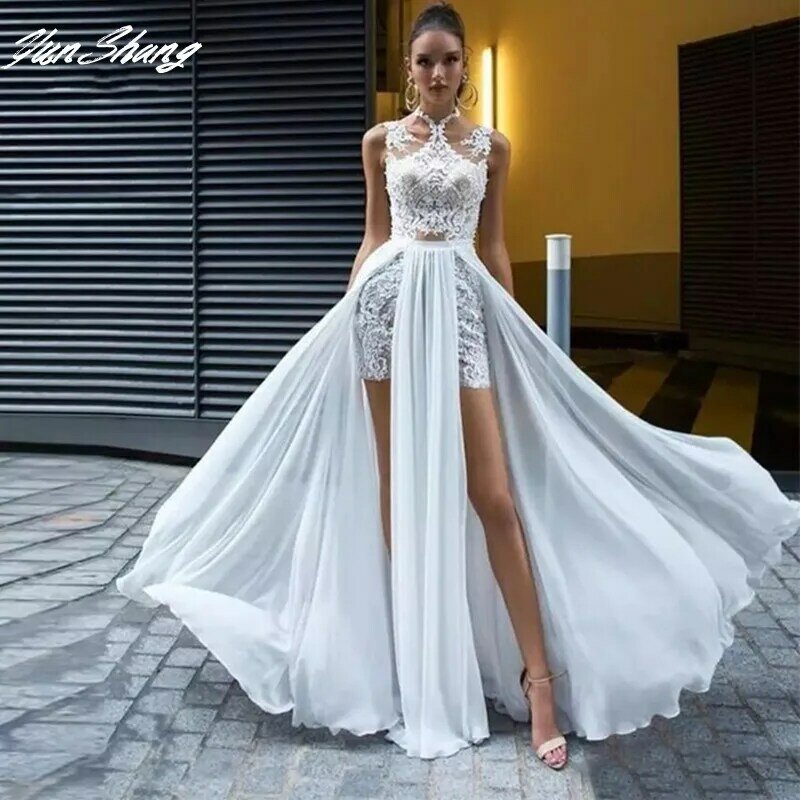 YunShagn Sexy Side Split Halter Wedding Dress A-Line Sleeveless Lace Appliques Backless Sweep Train Chiffon Bridal Gown