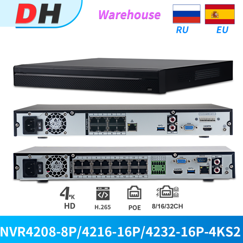 Видеорегистратор Dahua NVR PoE, 4K, 8 Мп, 8 каналов, NVR4208-8P-4KS2/L, 16 дюймов, 32 канала, для IP-Камеры видеонаблюдения
