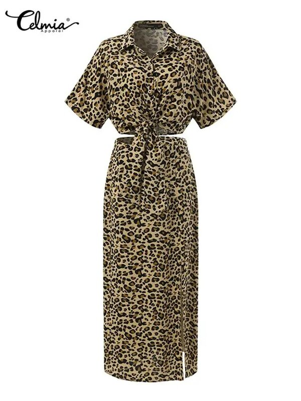 Celmia feriado leopardo impressão 2 pçs conjuntos de moda feminina manga curta bandagem hem curto topo e fenda hem saia longa ternos vestido conjuntos