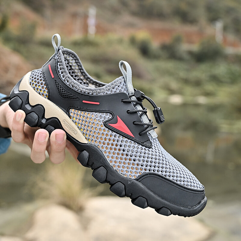 Sepatu Rendam Luar Ruangan Pria Musim Panas Baru Atasan Rendah Ringan Bersirkulasi Sepatu Kasual Platform Antiselip Sepatu Hiking Pria Berongga Ukuran Besar