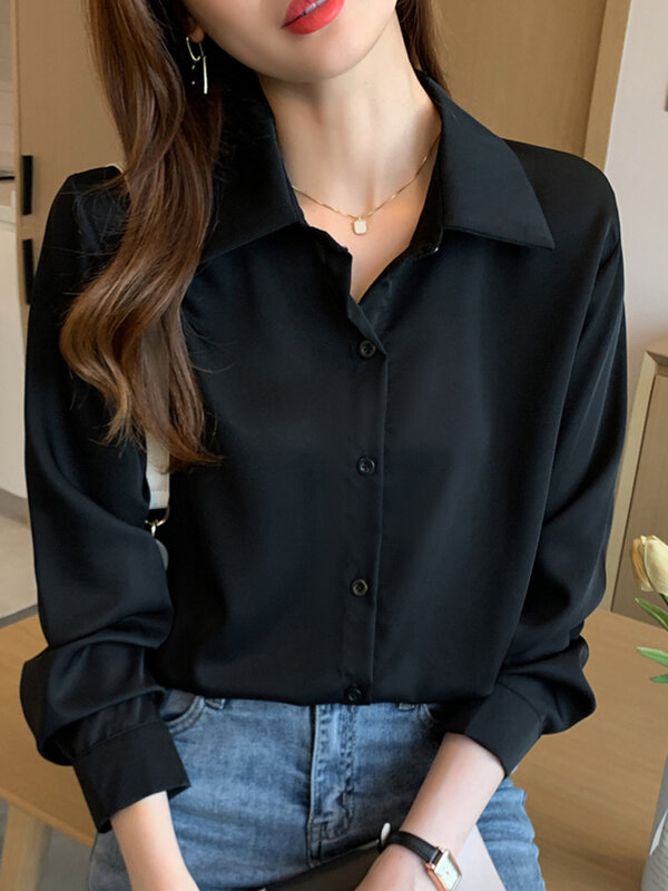 Camisa feminina coreano moda vintage simples cor sólida elegante camisa de mangas compridas mulheres blusas mujer de moda 2022 camisetas