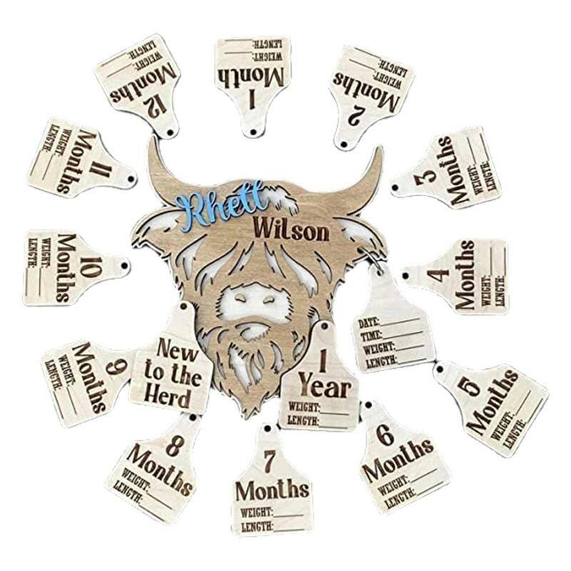 Highland Cow Milestone Markers Wooden Highland Cow Milestone Mark Infant Record Tags 15 Pcs Record Tags First Year Memory