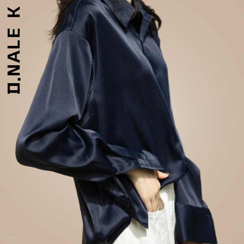 D.Nale K-가을 패션 여성 화이트 긴 소매 버튼 업 새틴 실크 셔츠, 빈티지 블라우스, 루즈한 스트리트 셔츠