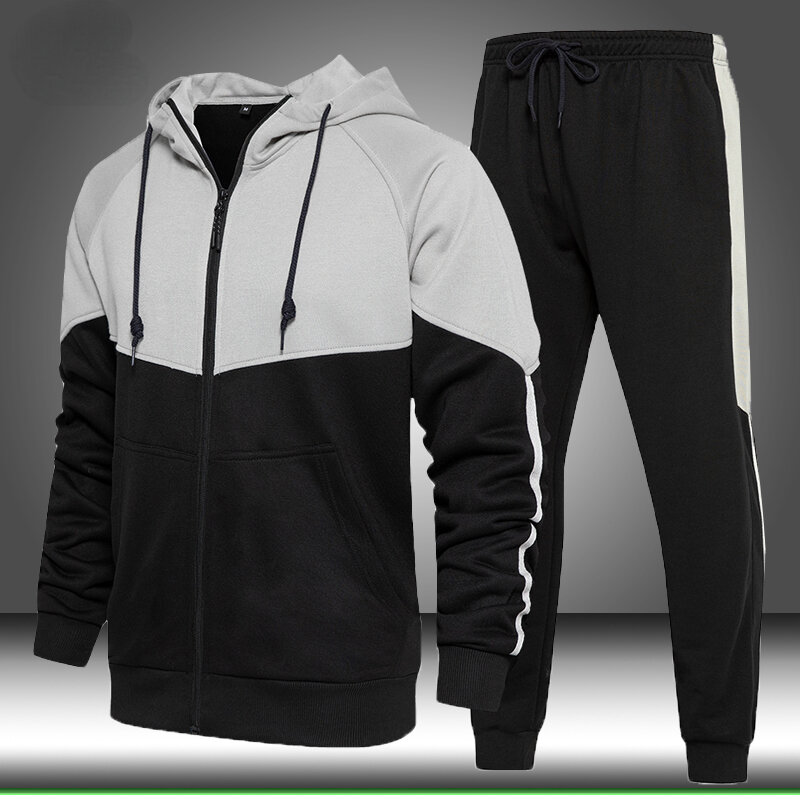 2ชิ้นชุด Tracksuit ชายเสื้อ + กางเกงซิปกีฬาสบายๆกีฬาผู้ชายฤดูหนาว Hooded Sweatshirt + สายรัดกางเกงชุด