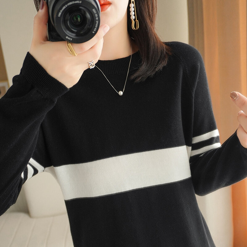 100% cotton spring and autumn new round neck sweater women loose large size stitching sweater fashion all-match knitted pullover